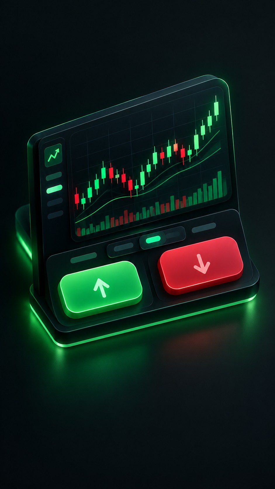 Clean buy and sell panel with green and red buttons and a candlestick chart