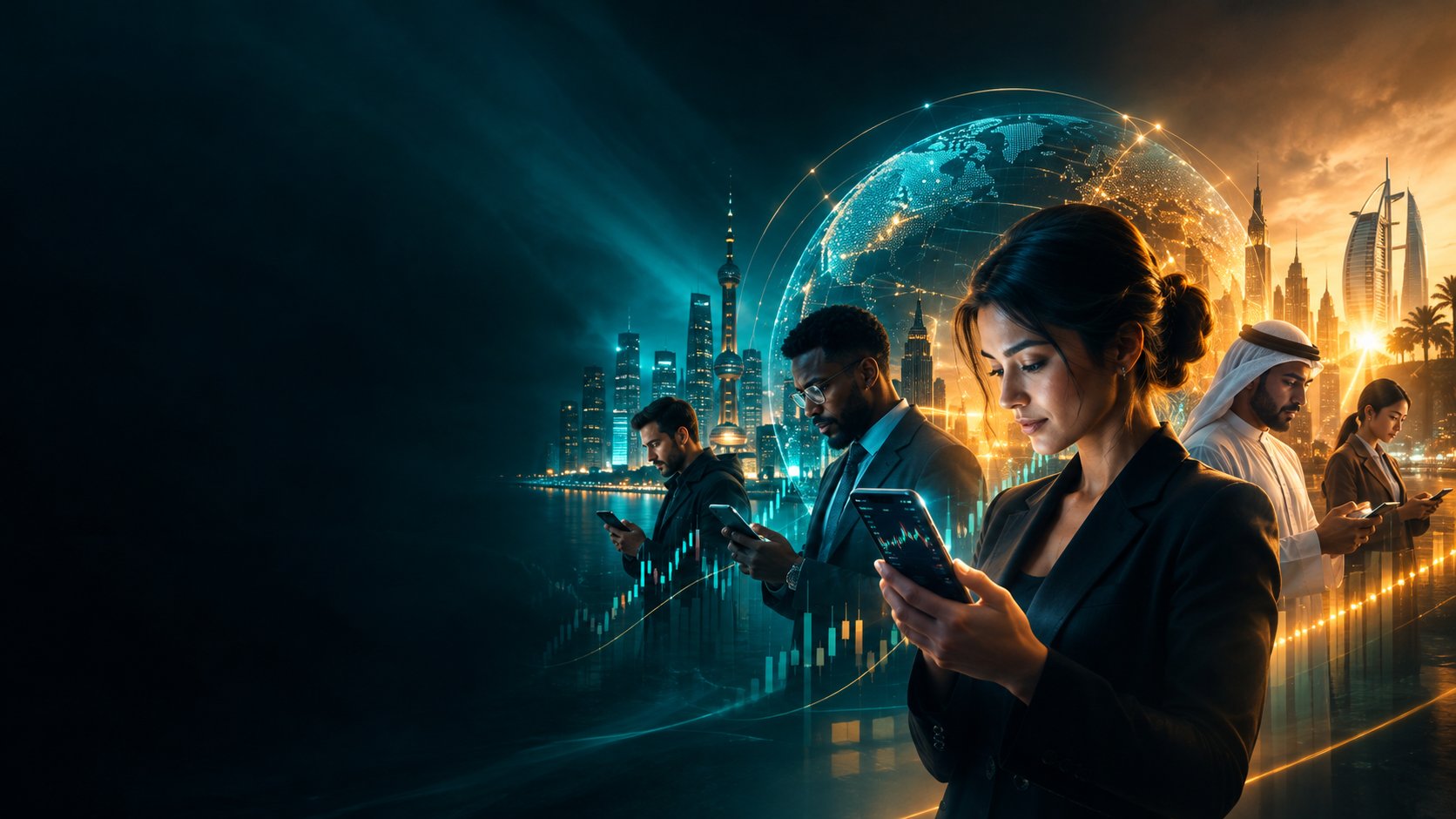 Diverse professionals in different world cities checking a trading app