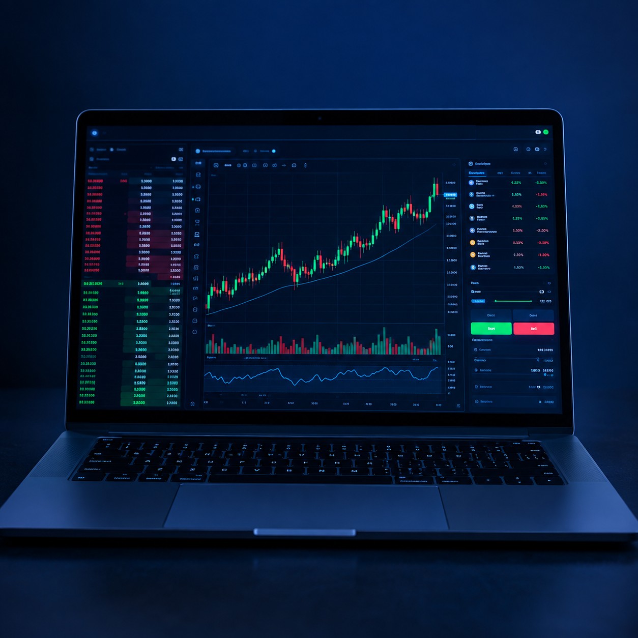 Futuristic trading interface with an order book and crypto charts
